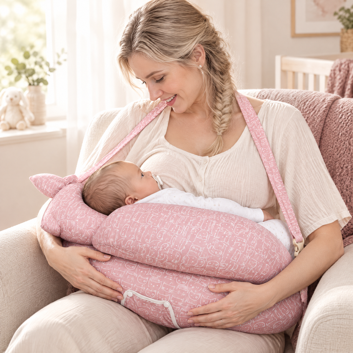 Madre tranquila con su bebé sobre el cojín Bebinest